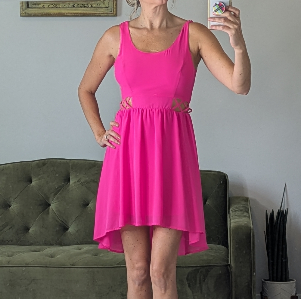 Women's Lush Hot Pink Skater Dress Cutout Mini Party Size XS Barbie Barbiecore
